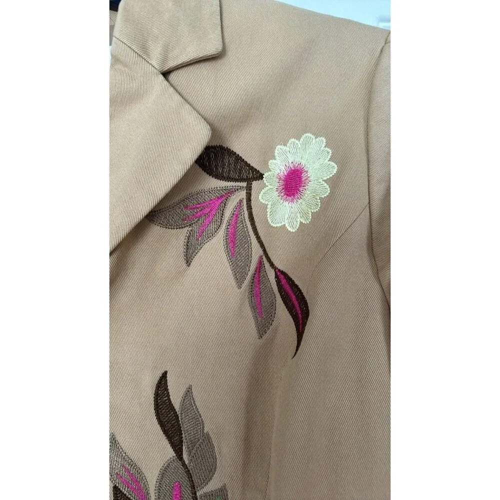 Susan Graves Long Sleeve Tan Floral Embroidered Lined Blazer Jacket Medium - Picture 4 of 7